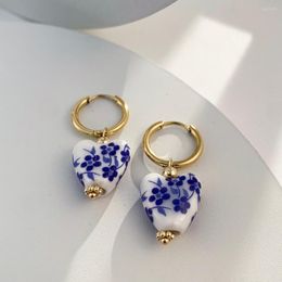 Hoop Earrings Vintage Geometric Natural Stones Ethnic Chinese Style Blue Flower Ceramic Heart Beads Stainless Steel Round