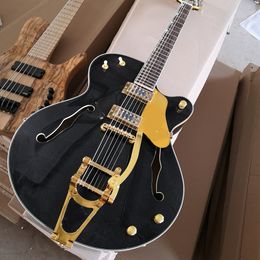 6 Strings Black Semi Hollow Electric Guitar with Big Tremolo Rosewood Fretboard Gold Pickguard Customizable