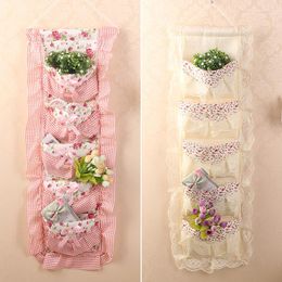 Storage Bags 3/5 Pockets Vintage Pastoral Hanging Bag Fabric Polyester Lace Elegant Flower Cosmetic Organizer Pouch Home Decor