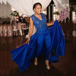 Elegant Royal Blue Women Jumpsuits Prom Dresses Detachable Skirt V-Neck Sleeveless Lace Applique Beaded Formal Party Evening Gowns African Arabic Satin Vestido
