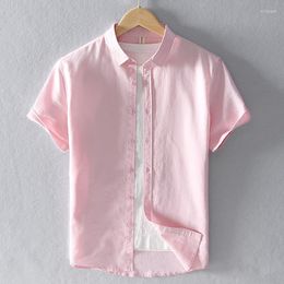 Men's Casual Shirts Summer Cotton Linen Short Sleeve Men Fashion Pink Classic Turn-down Collar Man Tops Plus Size S-4XL Y2469