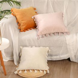 Pillow Sofa Chair Car Nordic Style Lace Cover Big Tassel Velvet Solid Colour Beige Yellow Pink Pillowcase