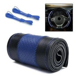 Steering Wheel Covers Accessories Cover Black Blue Leather W/ Needles Thread 1pc Brand