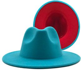 Stingy New Outer Lake blue Inner red Wool Felt Jazz Fedora Hats with Thin Belt Buckle Men Women Wide Brim Panama Trilby Cap 56-60CM 0103