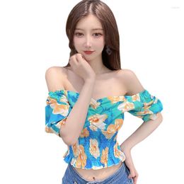 Women's Blouses Women's Floral Print Square Collar Blouse Sweet Sexy Summer Exposed Navel Puff Sleeve Chiffon Shirt