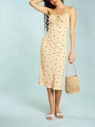 Casual Dresses Prairie Chic Women's Floral Printing Sleeveless Sling Dress High Waist Drawstring Lady Midi Spaghetti Strap Robe 2023