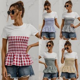 Women's T Shirts Summer Women T-Shirts Plaid Color Patchwork Short Sleeve Female Blouse 5 Colors Tunic 2023 Spring Autumn Casual Tee C2490