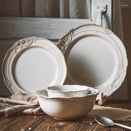 Plates European Style Flat Plate Western Steak Embossed Dinnerware Set Christmas Salad Bowl Pure White Tray Bone China Dinner