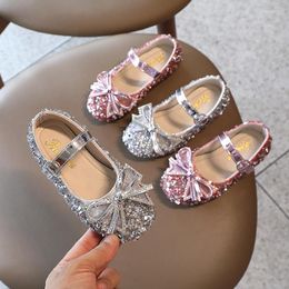 Flat Shoes Bling Crystal Leather Silver Pink Kids Princess For Wedding Party Girls Dance Performance Soft Bottom