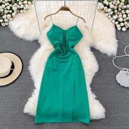 Casual Dresses Sexy Women Green Rhinestone Chain Spaghetti Strap Midi Dress Summer Elegant Sleeveless High Waist Split Club Party Vestido