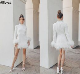 Luxury Furs Modern White Sheath Wedding Dresses Little Mini Party Gowns With Long Sleeves High Neck Short Bridal Second Reception Dress For Brides Casual CL1637