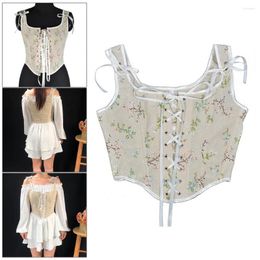 Women's Shapers Women Bustier Soft Corset Tops Wide Shoulder Straps Retro Renaissance Floral Print Cross Bandage Boned Push Up