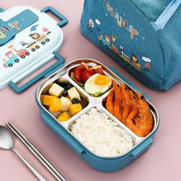 Dinnerware Sets Childrens 316 Stainless Steel Dividing Plate Cartoon Lunch Box Set With Soup Bowl Leakproof Bento For Kids Bags Spoons