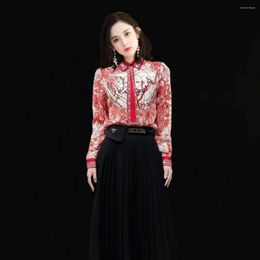 Women's Blouses 2023 Early Spring High-End Custom Printing Ribbon Temperament Slim Fashion Long Sleeve Shirt