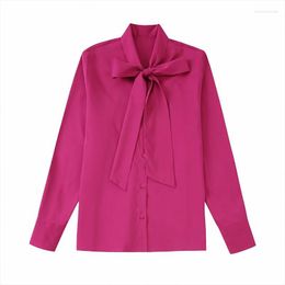 Women's Blouses ZATRHMBM 2023 Autumn Fashion Bow-Embellished Women Vintage Long Sleeve Shirt Button Up Casual Basic Ladies Tops