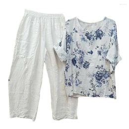 Women's Two Piece Pants 2 Pcs/Set T-shirt Trousers Suit Casual Comfortable Short Sleeves Lady Female Garment