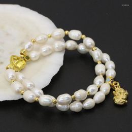 Strand Original Design Charms 7-8mm White Natural Freshwater Cultured Barrel Rice Pearl Two Rows Clasp Bracelets Jewelry 8inch B2759