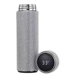 Water Bottles Diamond Thermos Smart Stainless Steel for Girls Portable Vacuum Flasks Coffee Cup 500ml 230104