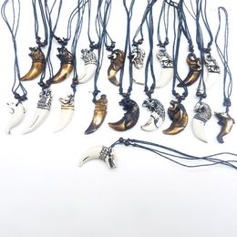 Pendant Necklaces Wholesale 12PCS Vintage Lion Necklace Elephant Dolphin Cheetah Carved Bone Leather Wax Rope