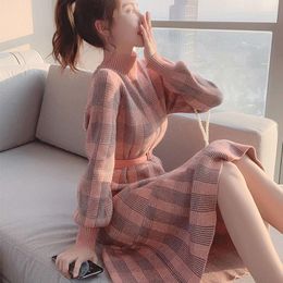 Casual Dresses High-neck Thickened Sweater Dress Women's Autumn And Winter Waist Knee-length Ruffled Plaid Knit Bottoming With Belt