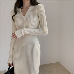 Party Dresses Vintage Knitted Sweater Long Sleeve Women Slim Bodycon Korean Elegant Fall Winter Button V Neck Midi Woman Dress 230103