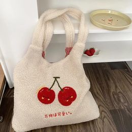 Evening Bags Cute Cherry Embroidered Lamb Shoulder Bag For Women 2023 Winter Large Capacity Girls School Casual Purses Handbag