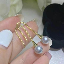 Dangle Earrings Charming 8-9mm South Sea Round Silver Grey Pearl Earring 925s