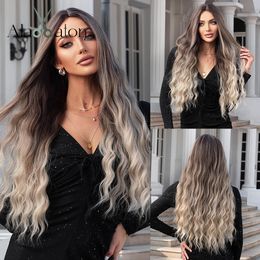 Long Curly Wavy Synthetic Wigs for Women Brown to Blonde Ombre Hair Wig Ntural Middle Parted Party Wig Heat Resistantfactory direct
