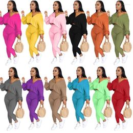 Women's Two Piece Pants Fall 2023 Women Clothes Causal Solid Colour Long Sleeve V Neck Crop Top High Waist Leggings Set