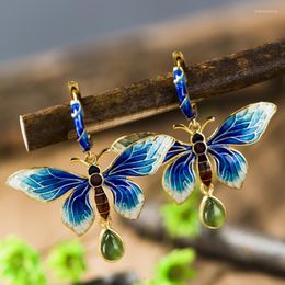 Dangle Earrings Real 925 Pure Silver Long Large Butterfly Cloisonne Enamel Natural Jade Pendant Women Fashion Accessories