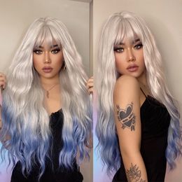 Long Water Wave Synthetic Wigs with Bangs Ombre White Blonde Blue Cosplay Party Wigs for Women Heat Resistant Hairfactory direct