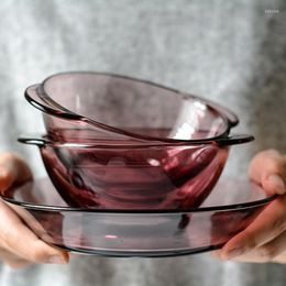 Bowls Purple Tempered Glass Bowl Plate Heat-resistant Cold-resistant Transparent Salad Breakfast Tableware Decorative Items