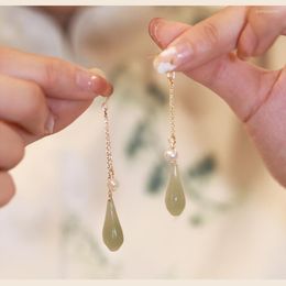 Dangle Earrings Minar Retro Multiple Green Colour Hetian Jade Natural Stone Long Drop For Women Baroque Freshwater Pearl Tassel Earring