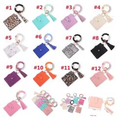 DHL Fashion PU Leather Bracelet Wallet Keychain Party Favor Tassels Bangle Key Ring Holder Card Bag Silicone Beaded Wristlet Handbag Keychains