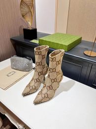 Fall Classic Ankle Boots Cowhide With Zipper Heels Tweed Suede Fashion Snow Boot Retro Chelsea Knight Knee Booties Quilted texture Metal