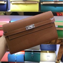 Designer- brand Long Wallets Card holders Purse Passport Bags With Lock fashion cowhide Genuine leather wallet 24 Colors For lady 242i
