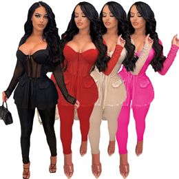 Designer Sexy Tracksuits Women Mesh Two Piece Sets Spring Summer Clothes Long Sleeve See Through Shirt Top and Pants 2pcs Mathing Set Club Party Wear Wholesale 8652