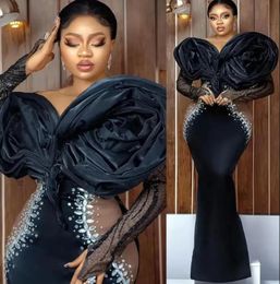 Aso Ebi Black mermaid Evening Dresses Ruffles Flower Crystals Beaded Long Sleeves Illusion Side african Occasion Prom Runway Pageant Gown