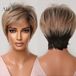 Dark Root Ombre Brown Blonde Short Wigs with Bangs Fluffy Pixie Cut Synthetic Wig for Black Women Heat Resistantfactory direct