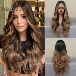 Long Body Wave Synthetic Lace Front Wigs for Women Afro Brown Ombre to Blonde T Part Lace Wig Colored Highlight Hairfactory direct