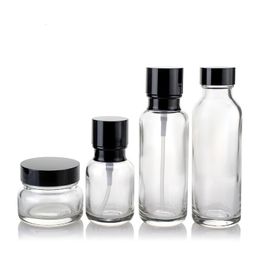 50ML 110ML 150ML Glass Bottle Wtih Plastic Wood Grain Lids Frost Glass Cream Cosmetic Container Pump Bottles