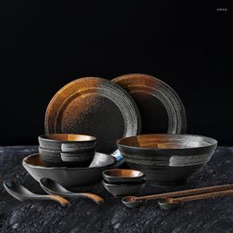 Plates KINGLANG Japanese Dinner Set Ceramic Retro Tableware Frosted Texture Bowl Dish Home Flat Plate Restaurant Elware