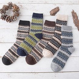 Men's Socks 1 Pair Winter Stripe Famous Style Retro Thicken Warm Mid-Barrel Black Grey Male Boyfriend Husband Gifts