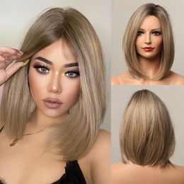 Side Part Medium Shoulder Straight Bob Wigs Ombre BLack Brown Synthetic Hair Wig For Black Women Heat Resistant Fiberfactory direct