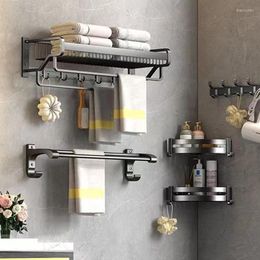 Hooks Wall Mounted Bathroom Shower Shampoo Shelf Black Storage Rack No Drill Toilet Organizer Accessories With Towel