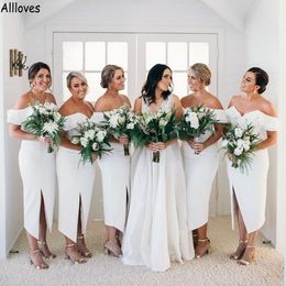 Modern White Off The Shoulder Sheath Bridesmaid Dresses Simple Sexy Split Tea Length Short Maid Of Honour Gowns Young Girl Wedding Guest Formal Party Dress CL1644