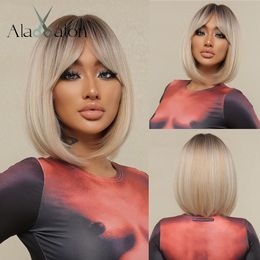 Platinum Blonde Synthetic Wigs for Women Hihlight Short Straight Bob Wig with Bangs Daily/Party Hair Heat Resisitantfactory direct