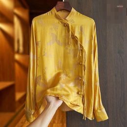 Ethnic Clothing Yellow Print Spring Women Shirt Silk Style Tang Suit Vintage Chinese Top Eleganti Loose Blouse China Clothes DD716