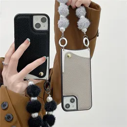 Furry Bracelet Lychee Pattern Leather Phone Cases for iPhone 14 13 12 11 Pro Max Rope Full Protective Soft Bumper Vogue Mermaid Back Cover Shockproof