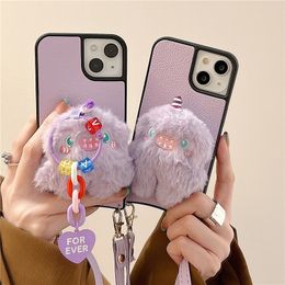 Crossbody Chain Furry Cartoon Monster Phone Cases for iPhone 14 13 12 11 Pro Max 7 8 SE2 SE3 Necklace Lychee Pattern Leather Protective Shell Shockproof